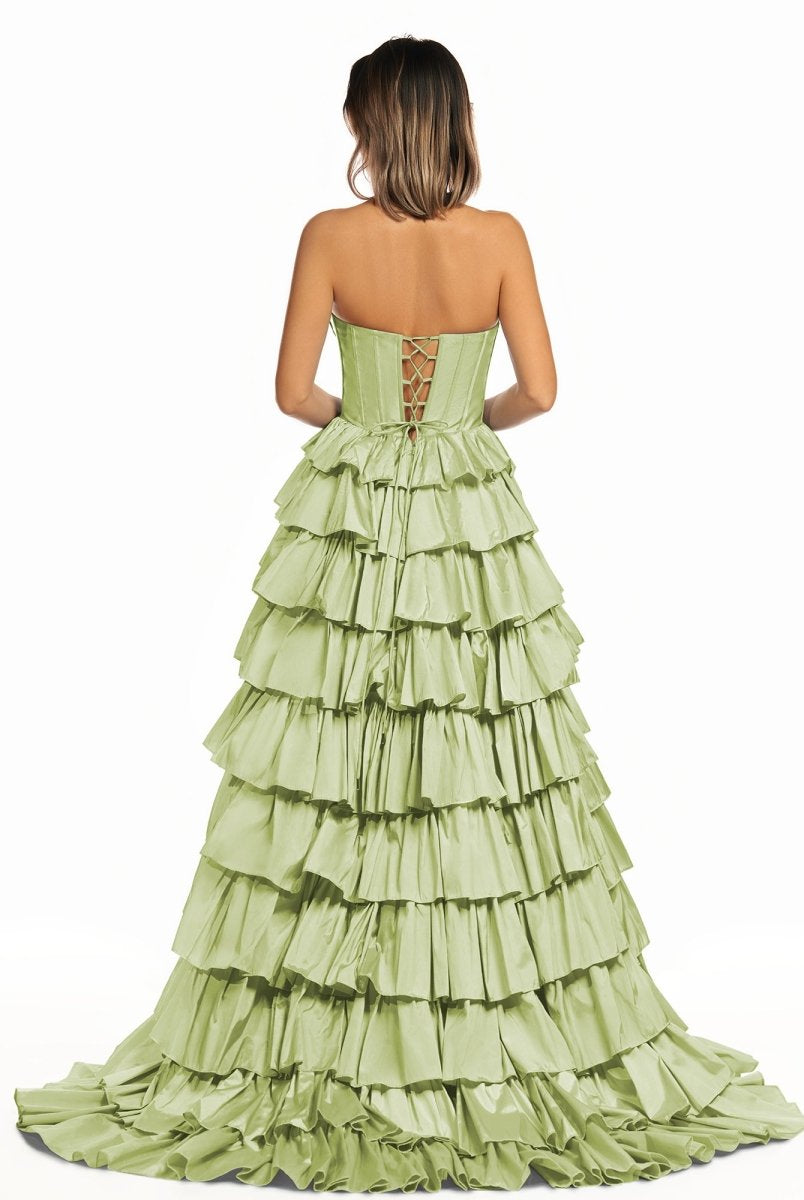 Iridium | Halter A - Line Blue Satin Long Ruffled Prom Dress With Slit - KissProm