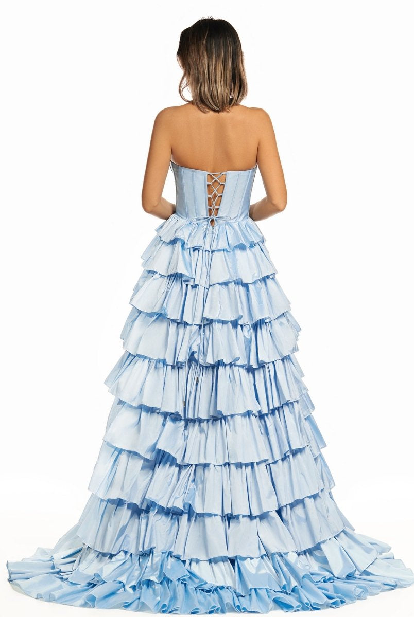 Iridium | Halter A - Line Blue Satin Long Ruffled Prom Dress With Slit - KissProm