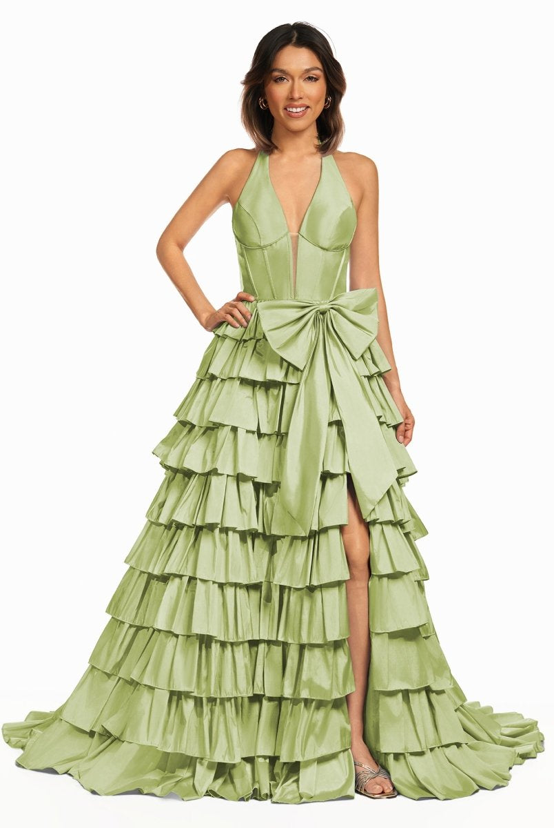 Iridium | Halter A - Line Blue Satin Long Ruffled Prom Dress With Slit - KissProm