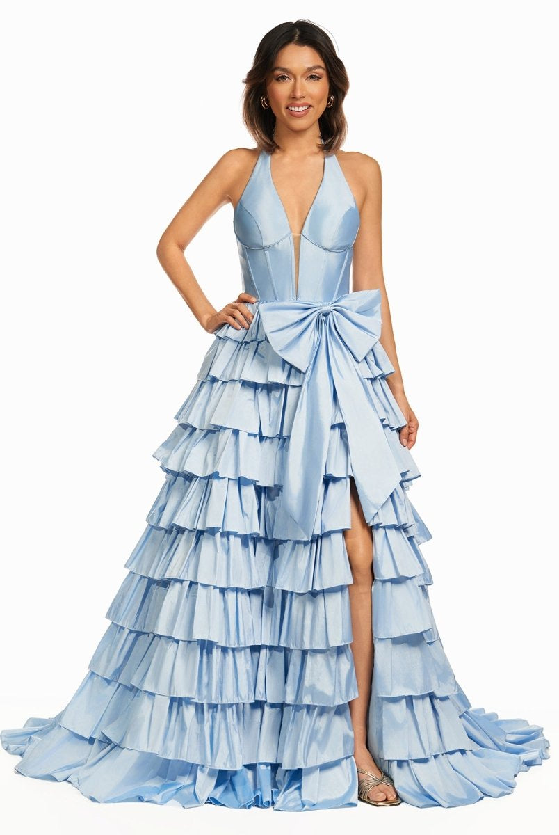 Iridium | Halter A - Line Blue Satin Long Ruffled Prom Dress With Slit - KissProm