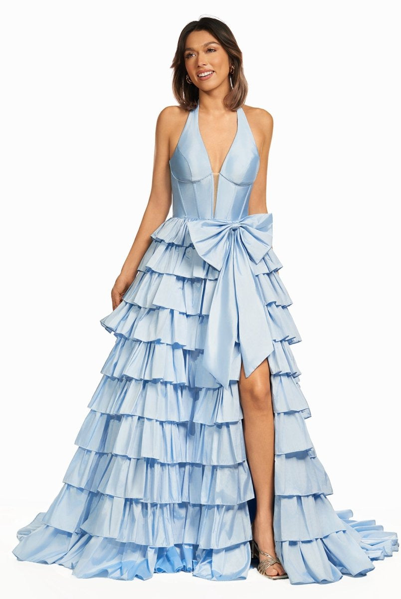 Iridium | Halter A - Line Blue Satin Long Ruffled Prom Dress With Slit - KissProm