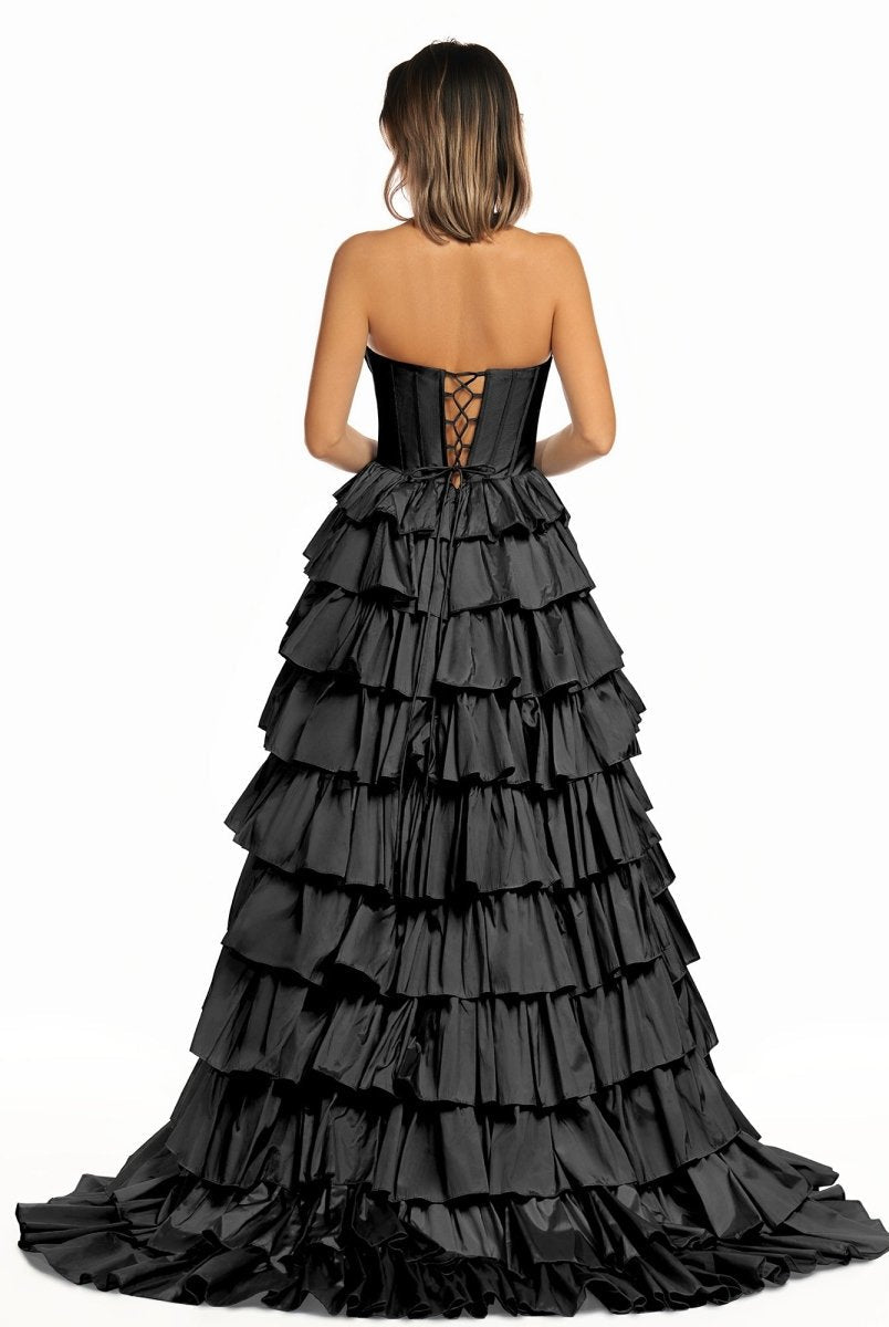 Iridium | Halter A - Line Blue Satin Long Ruffled Prom Dress With Slit - KissProm