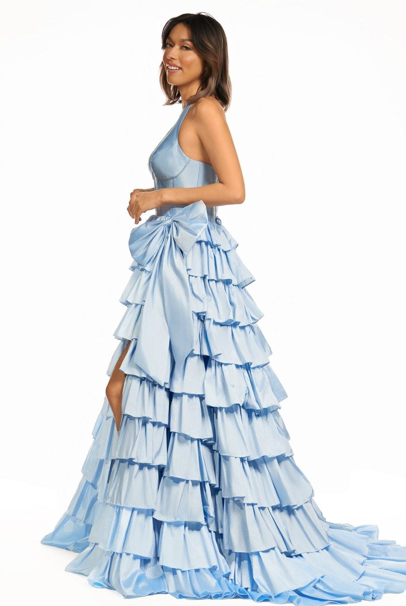 Iridium | Halter A - Line Blue Satin Long Ruffled Prom Dress With Slit - KissProm