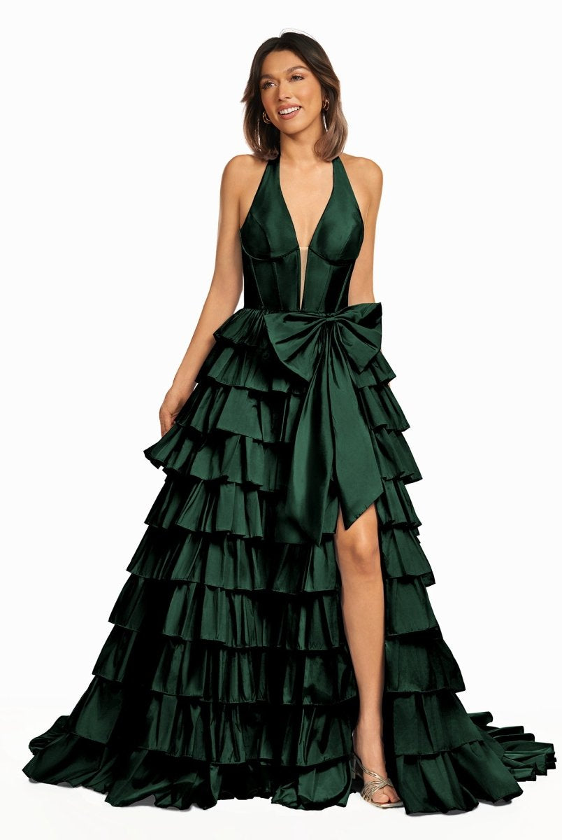 Iridium | Halter A - Line Blue Satin Long Ruffled Prom Dress With Slit - KissProm