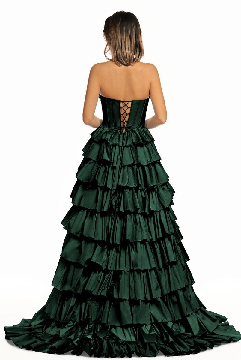 Iridium | Halter A - Line Blue Satin Long Ruffled Prom Dress With Slit - KissProm