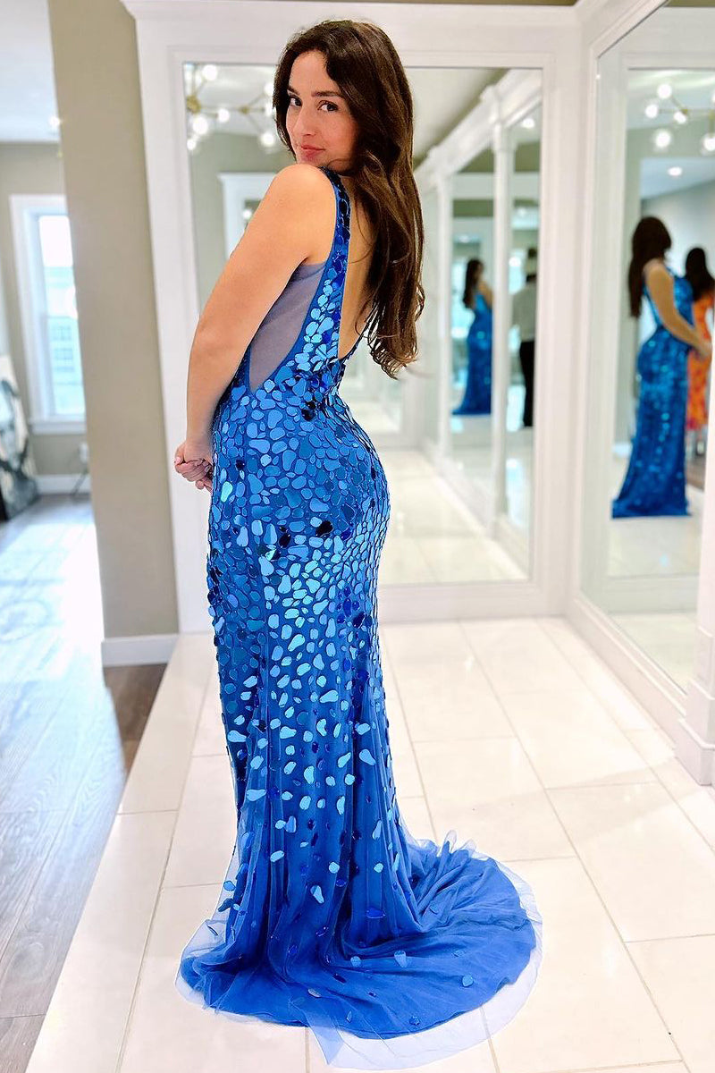 Royal Blue Mermaid V Neck Mirror-Cut Long Prom Dress With Split
