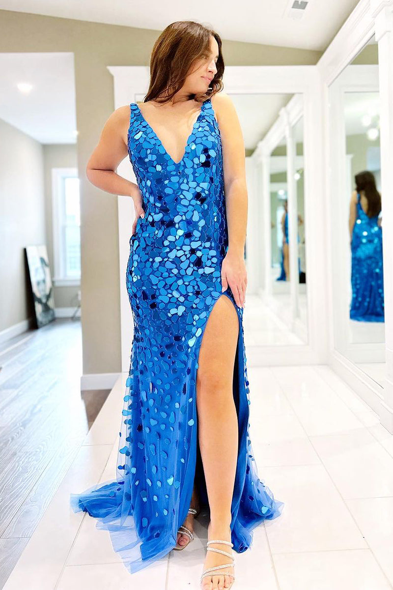 Royal Blue Mermaid V Neck Mirror-Cut Long Prom Dress With Split
