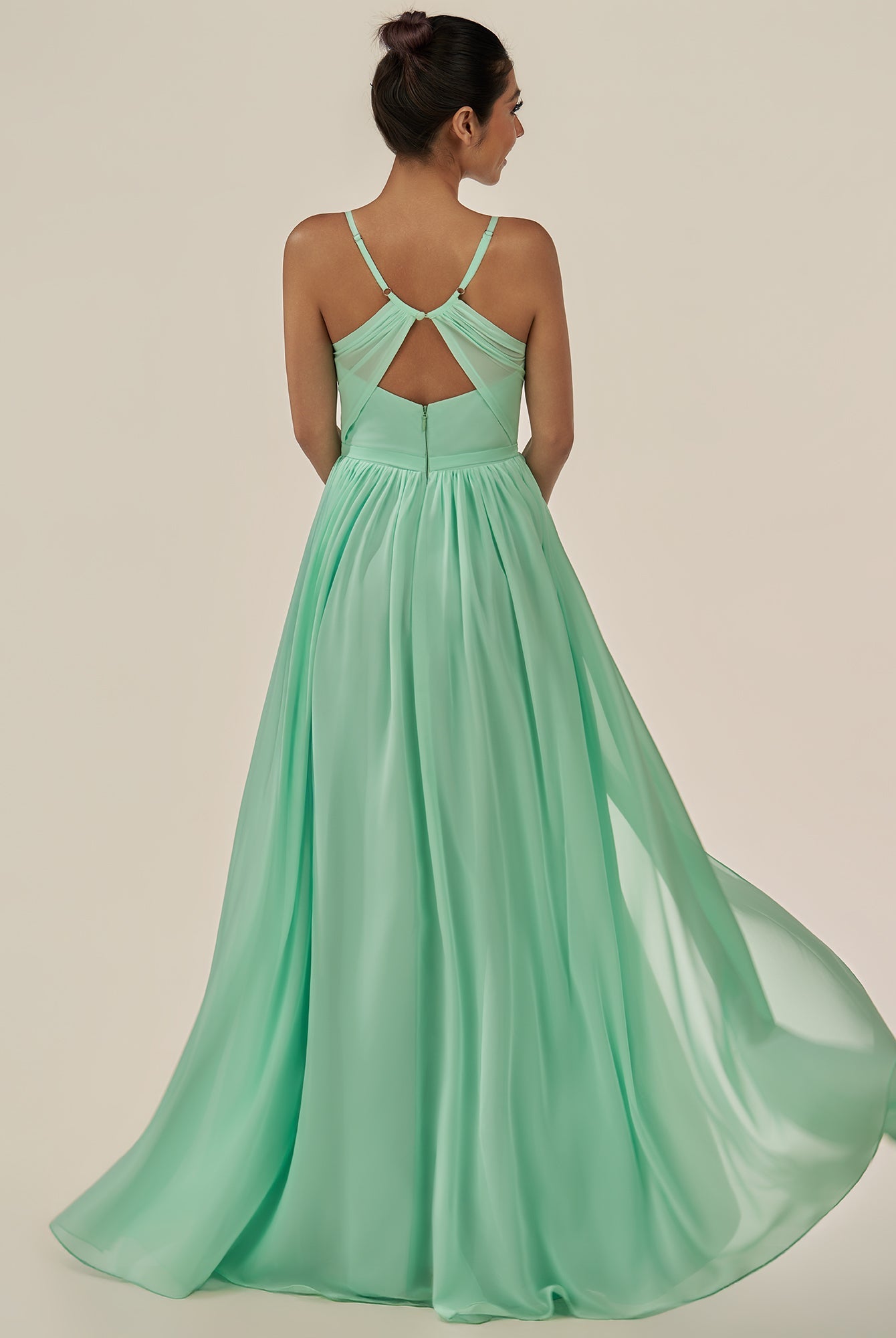 KissDress-Irissa Pale Pistachio A Line Chiffon V Neck Pleated Long Bridesmaid Dress with Slit