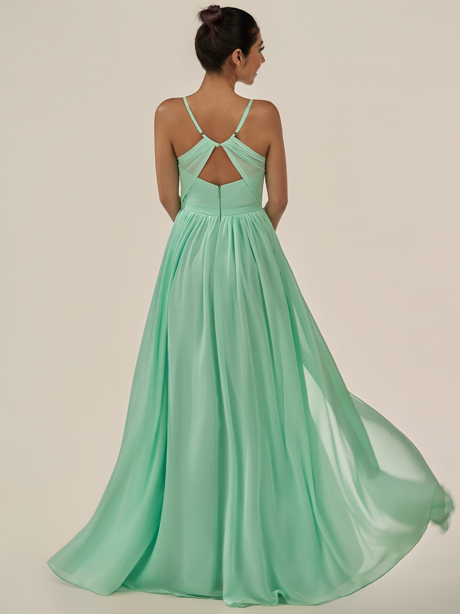 KissDress-Irissa Pale Pistachio A Line Chiffon V Neck Pleated Long Bridesmaid Dress with Slit