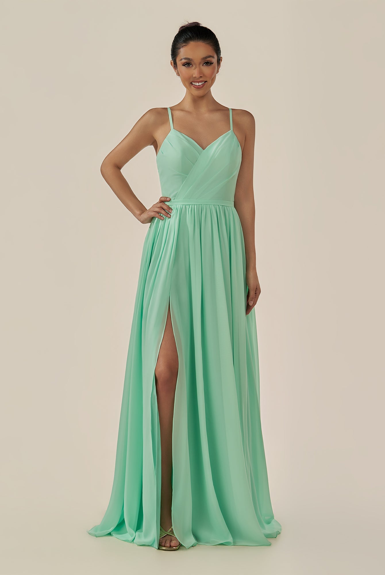 KissDress-Irissa Pale Pistachio A Line Chiffon V Neck Pleated Long Bridesmaid Dress with Slit