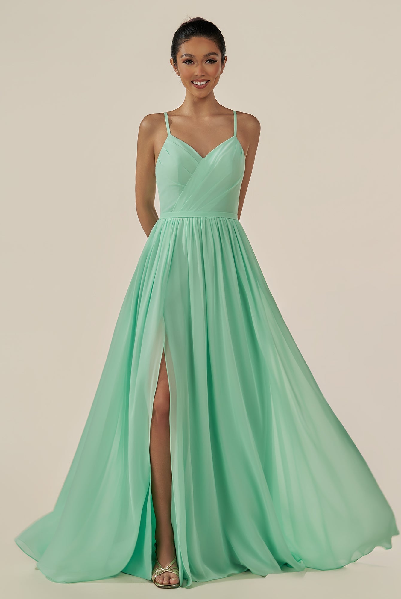 KissDress-Irissa Pale Pistachio A Line Chiffon V Neck Pleated Long Bridesmaid Dress with Slit