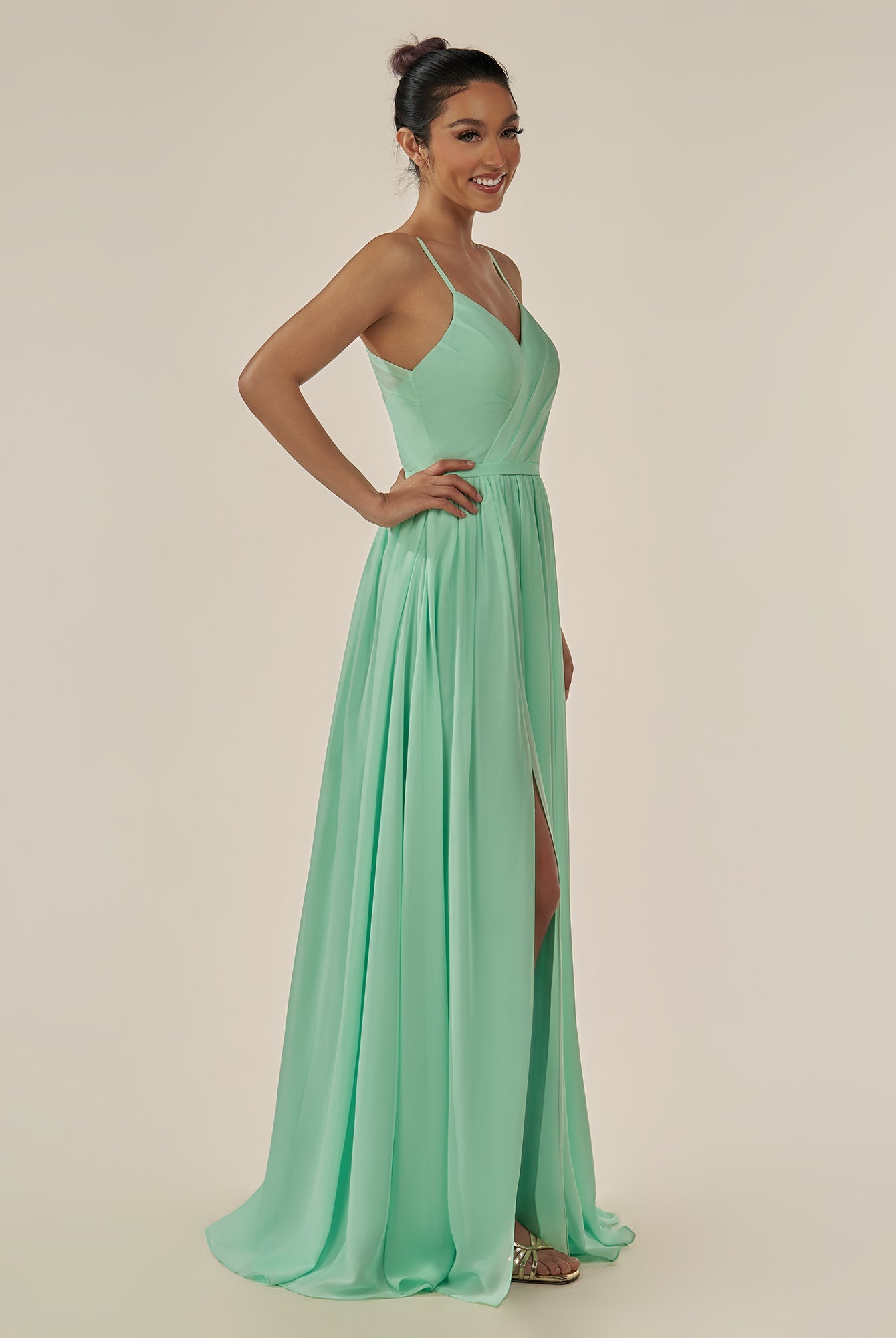 KissDress-Irissa Pale Pistachio A Line Chiffon V Neck Pleated Long Bridesmaid Dress with Slit