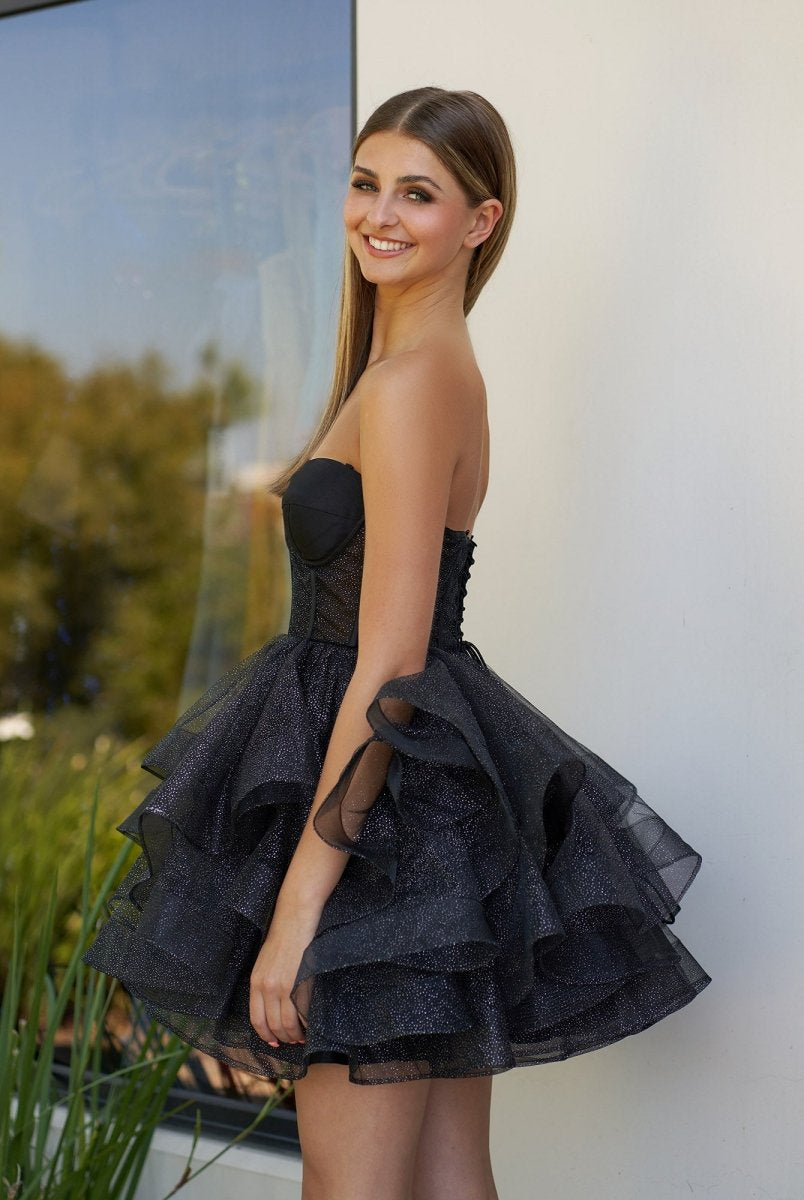 Ishea | A - Line Tulle Black Short Homecoming Dress with Ruffles - KissProm