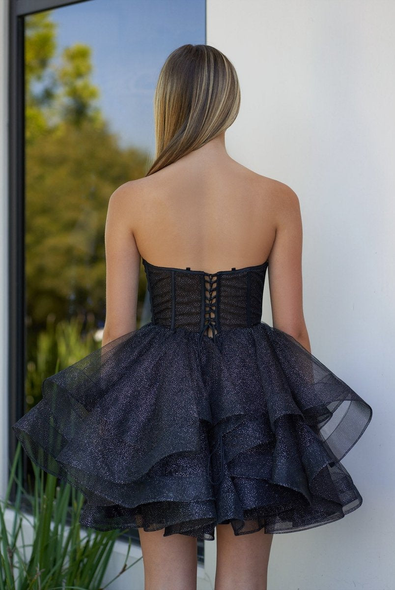 Ishea | A - Line Tulle Black Short Homecoming Dress with Ruffles - KissProm