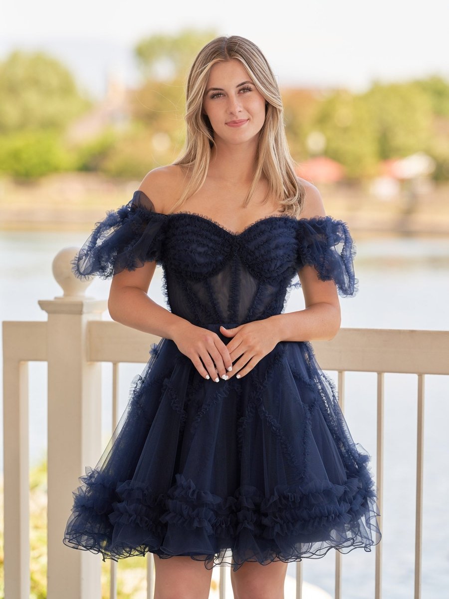 Naomi | A Line Sweetheart Puff Sleeves Short Homecoming Dress With Ruffles - KissProm