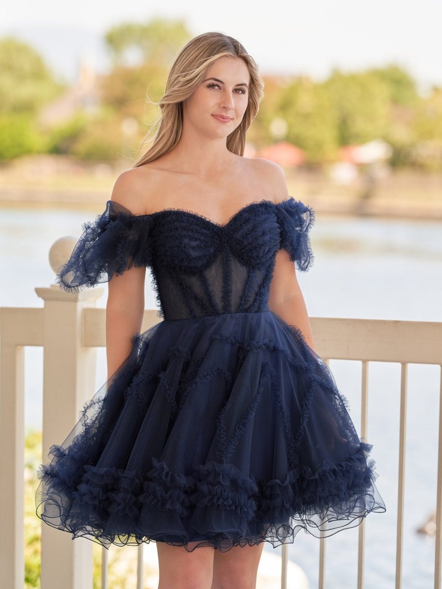 Naomi | A Line Sweetheart Puff Sleeves Short Homecoming Dress With Ruffles - KissProm