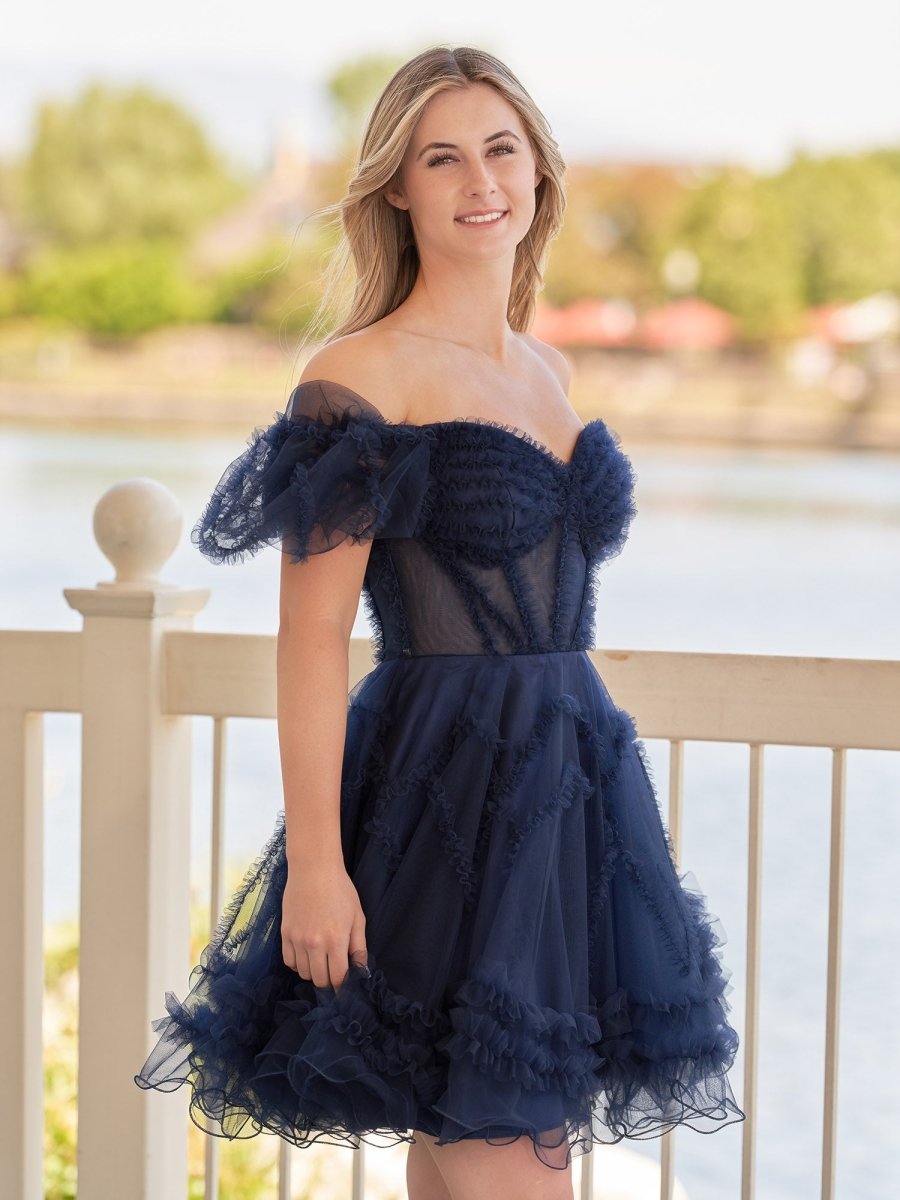 Naomi | A Line Sweetheart Puff Sleeves Short Homecoming Dress With Ruffles - KissProm