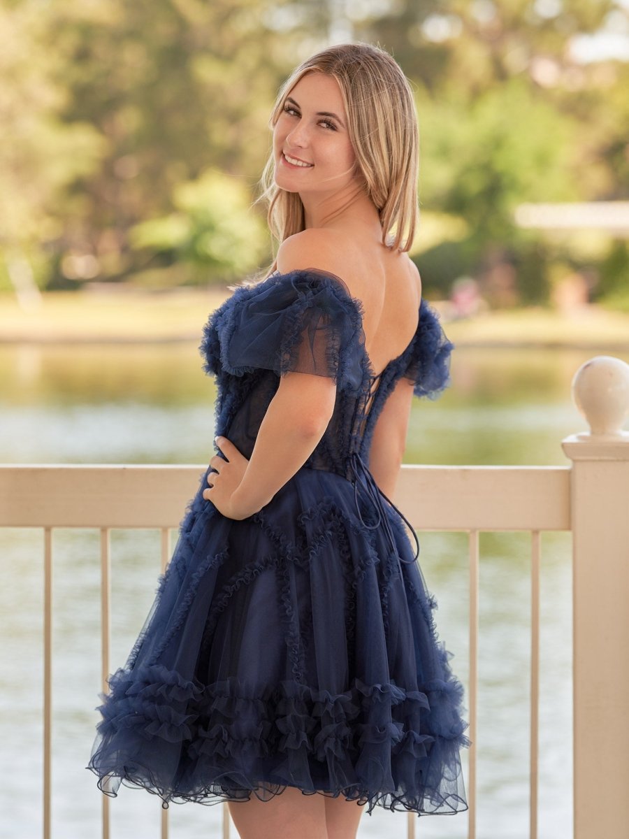 Naomi | A Line Sweetheart Puff Sleeves Short Homecoming Dress With Ruffles - KissProm