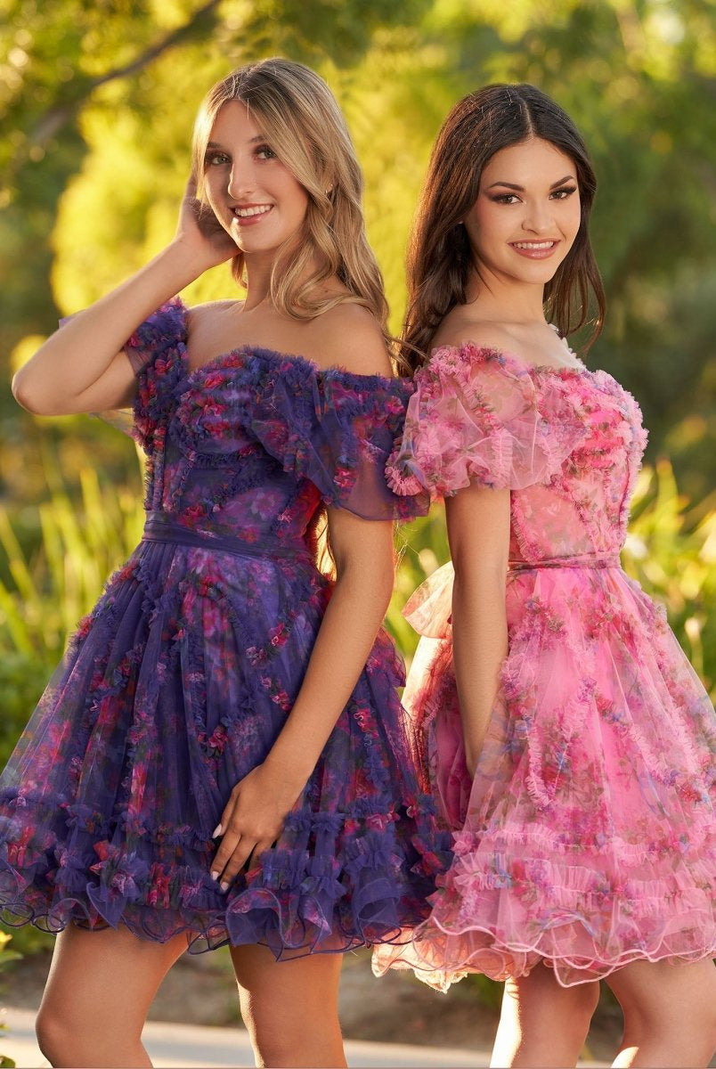 Ivana | A Line Off the Shoulder Printed Tulle Short Homecoming Dress - KissProm