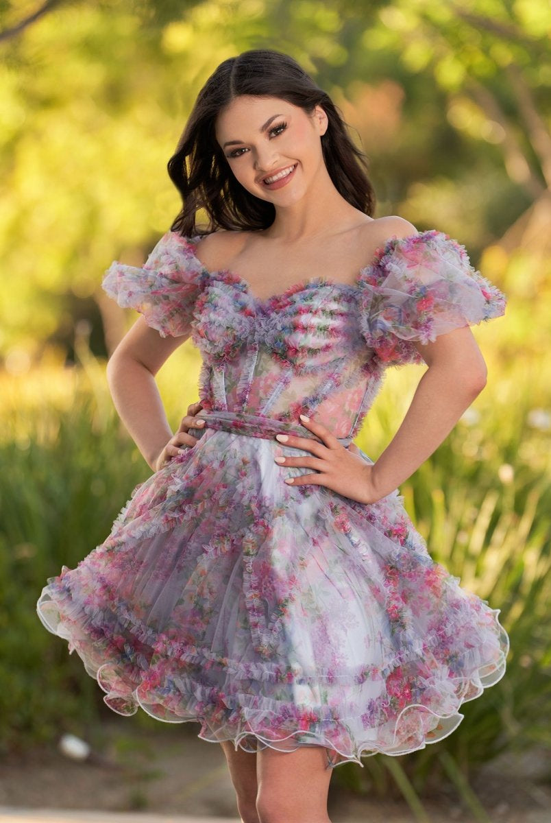 Ivana | A Line Off the Shoulder Printed Tulle Short Homecoming Dress - KissProm