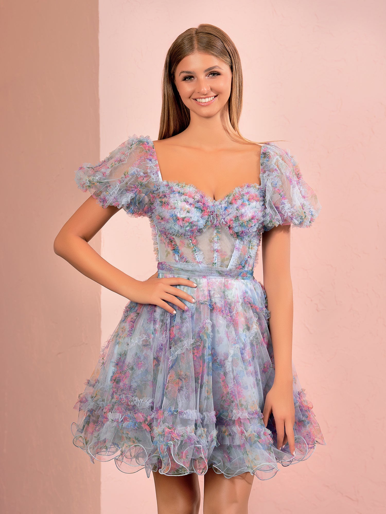 A Line Light Purple Off the Shoulder Printed Tulle Short Homecoming Dress