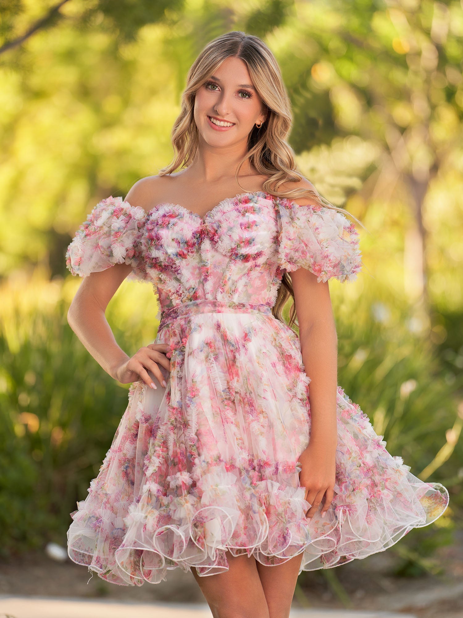 A Line Light Purple Off the Shoulder Printed Tulle Short Homecoming Dress