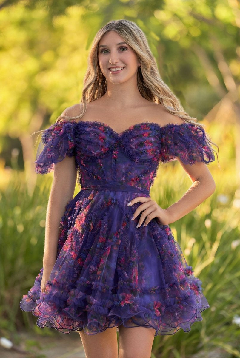 Ivana | A Line Off the Shoulder Printed Tulle Short Homecoming Dress - KissProm