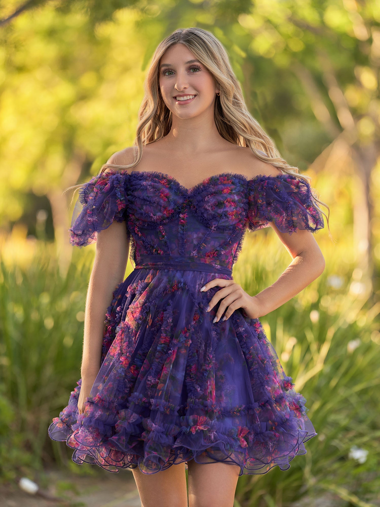 A Line Light Purple Off the Shoulder Printed Tulle Short Homecoming Dress