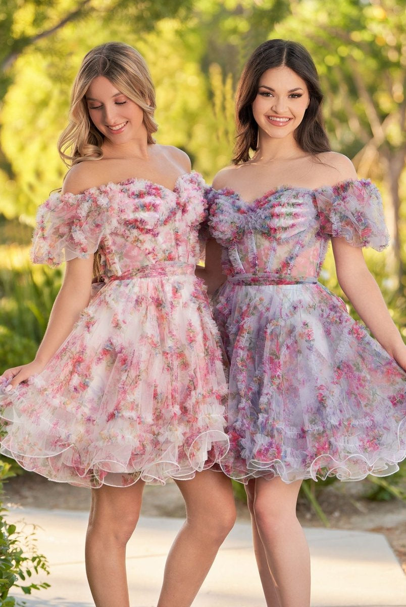 Ivana | A Line Off the Shoulder Printed Tulle Short Homecoming Dress - KissProm