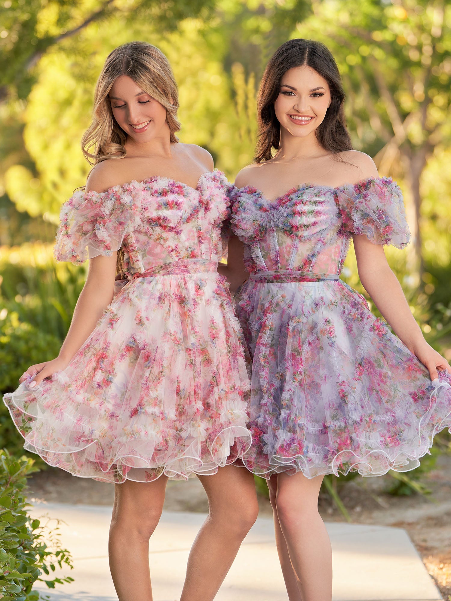 A Line Light Purple Off the Shoulder Printed Tulle Short Homecoming Dress