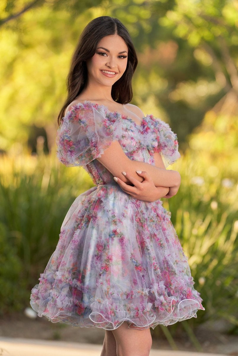Ivana | A Line Off the Shoulder Printed Tulle Short Homecoming Dress - KissProm