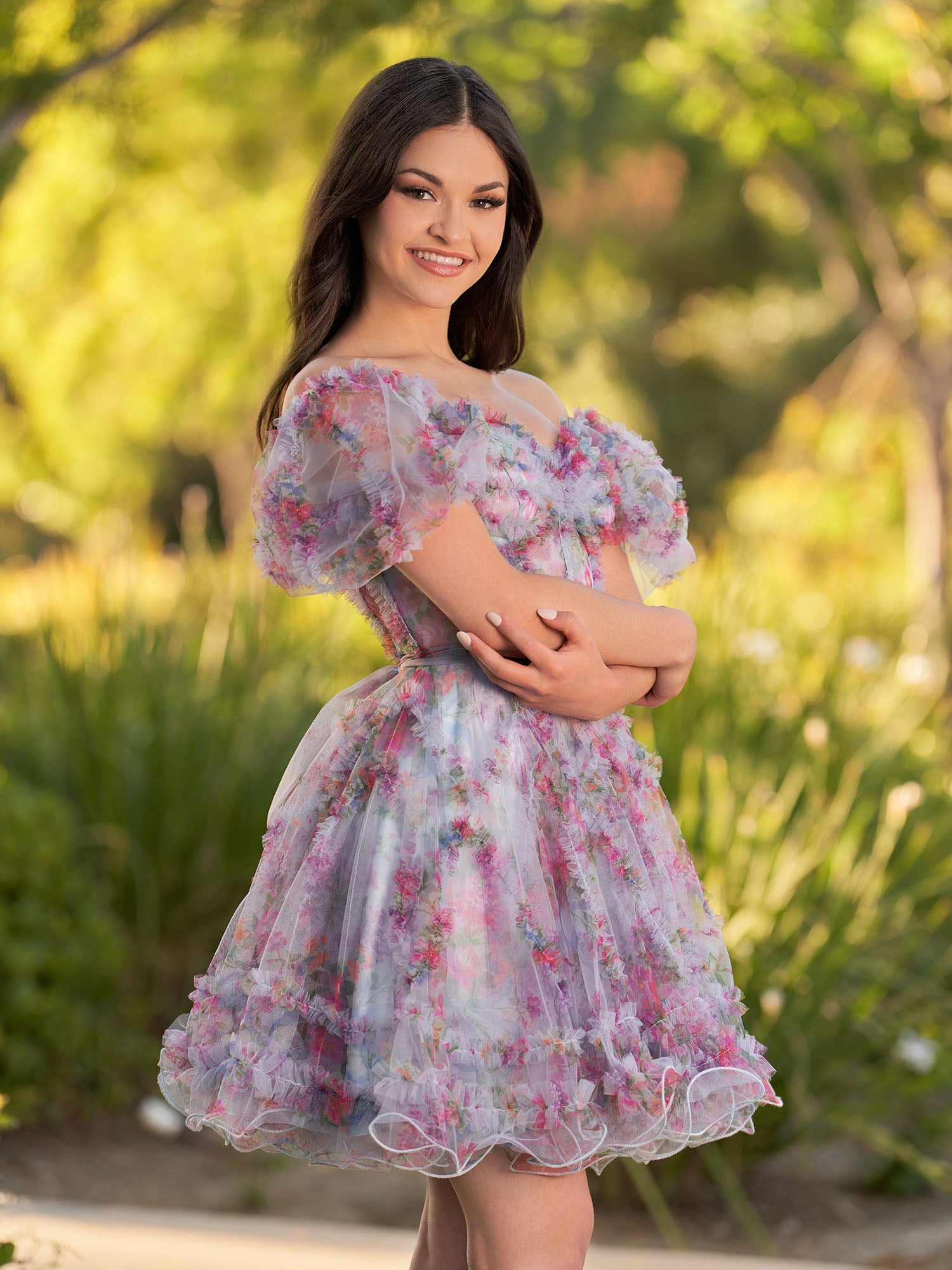 A Line Light Purple Off the Shoulder Printed Tulle Short Homecoming Dress