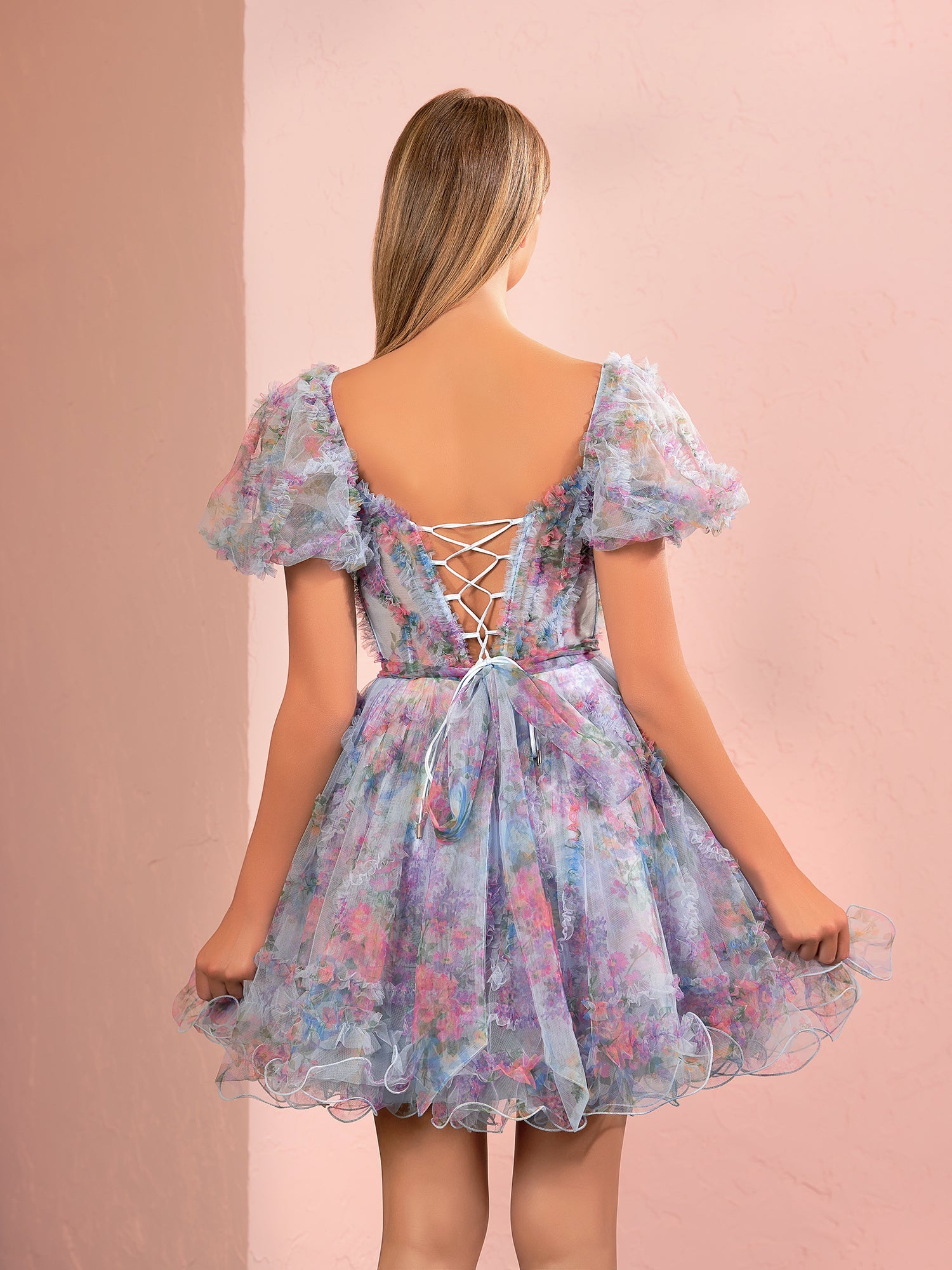 A Line Light Purple Off the Shoulder Printed Tulle Short Homecoming Dress