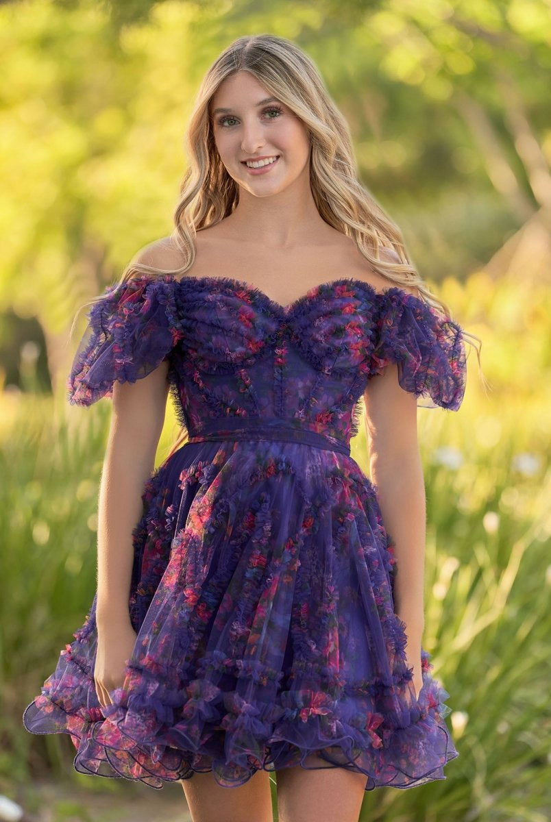 Ivana | A Line Off the Shoulder Printed Tulle Short Homecoming Dress - KissProm