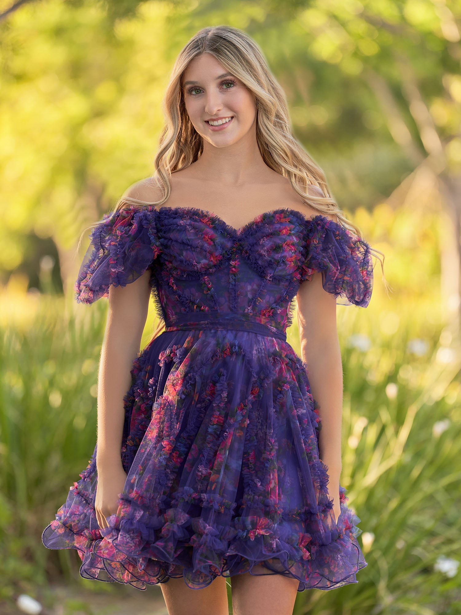A Line Light Purple Off the Shoulder Printed Tulle Short Homecoming Dress