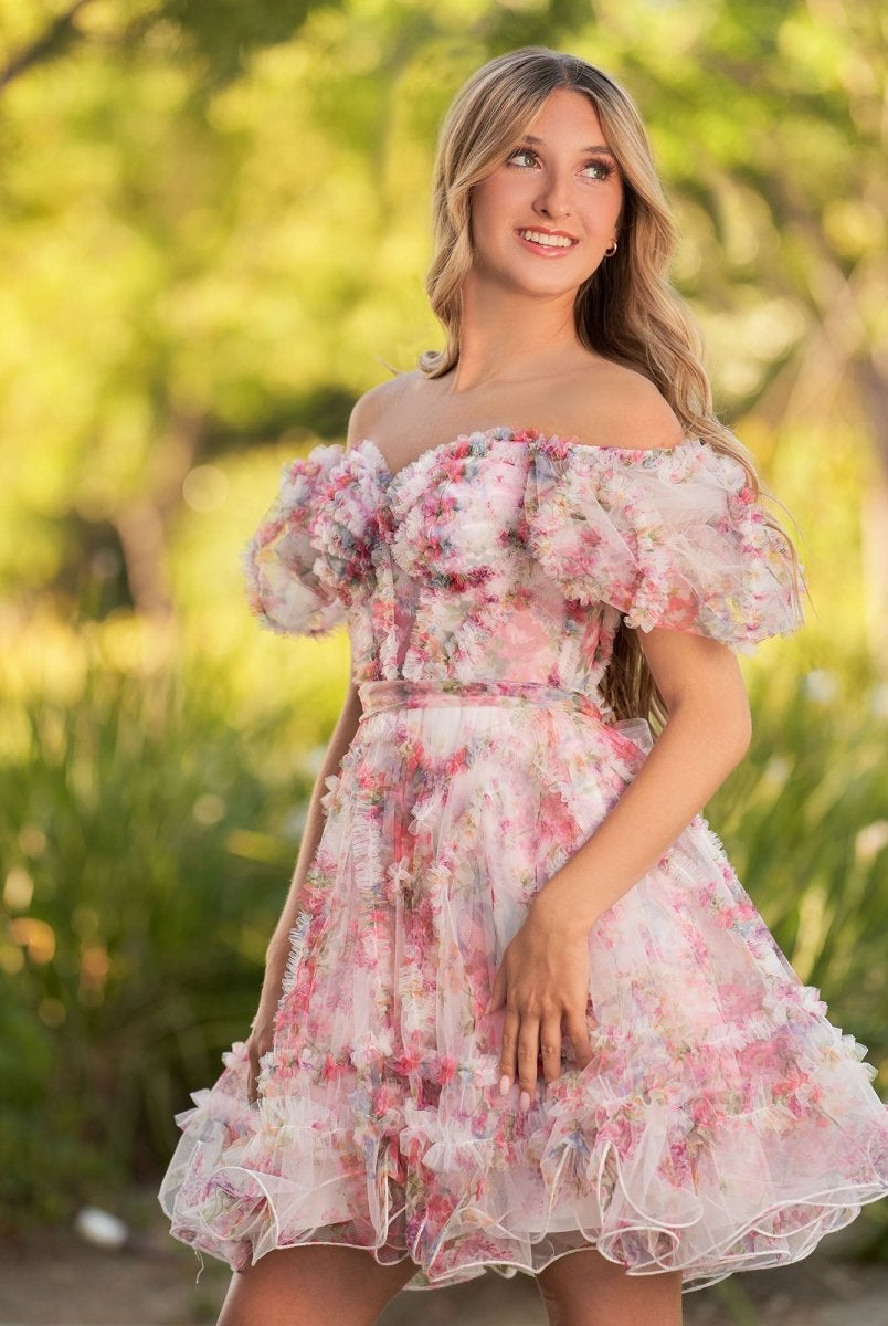 Ivana | A Line Off the Shoulder Printed Tulle Short Homecoming Dress - KissProm