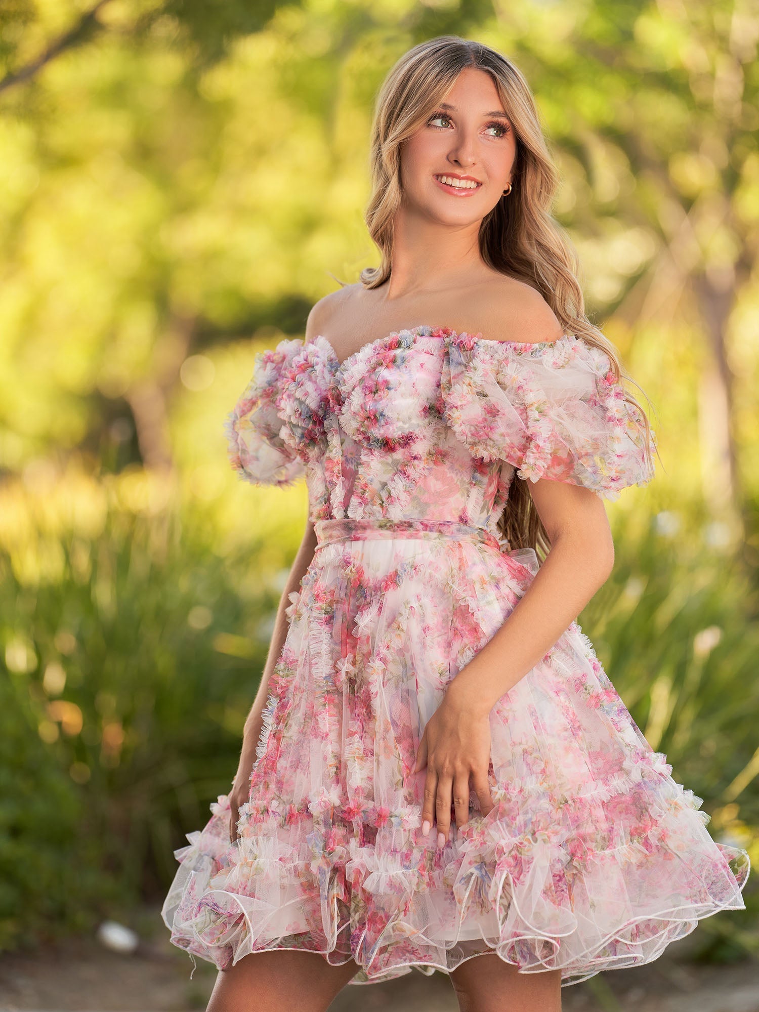A Line Light Purple Off the Shoulder Printed Tulle Short Homecoming Dress