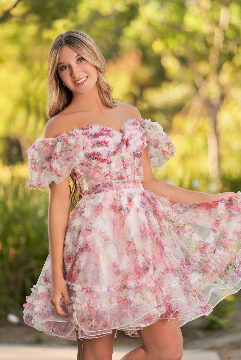 Ivana | A Line Off the Shoulder Printed Tulle Short Homecoming Dress - KissProm