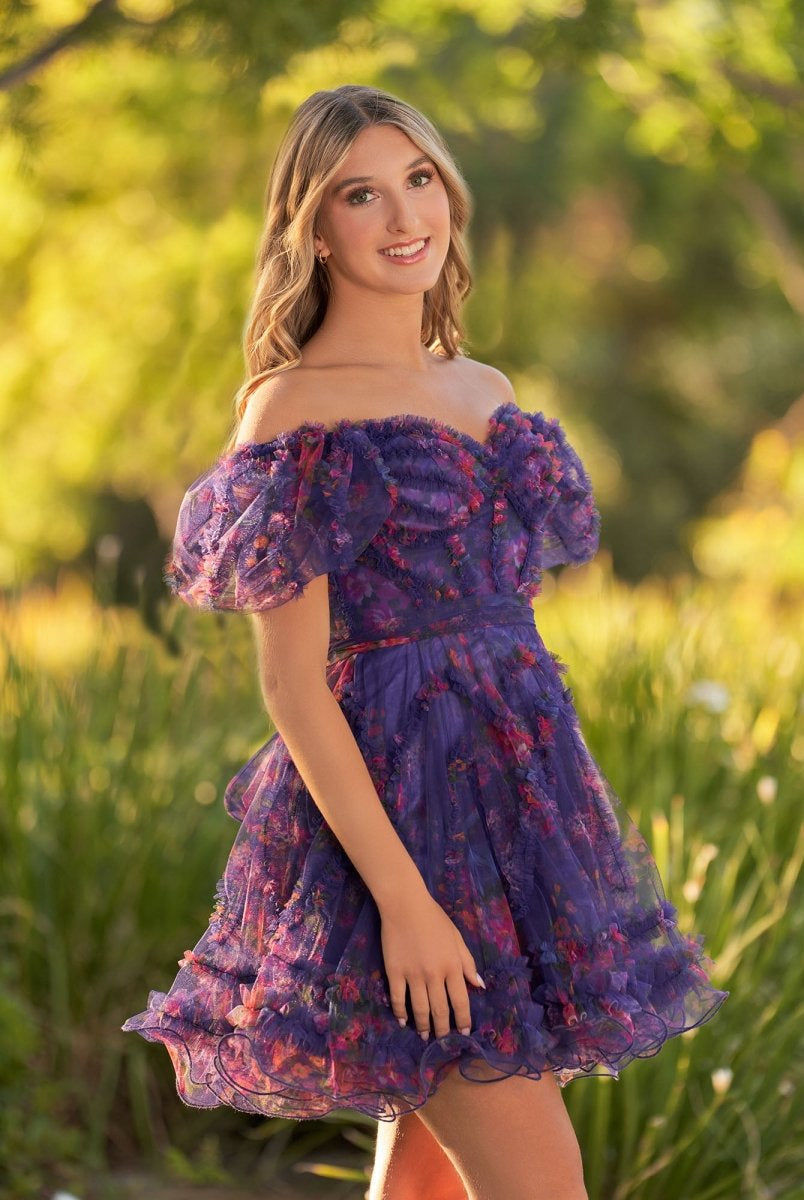 Ivana | A Line Off the Shoulder Printed Tulle Short Homecoming Dress - KissProm