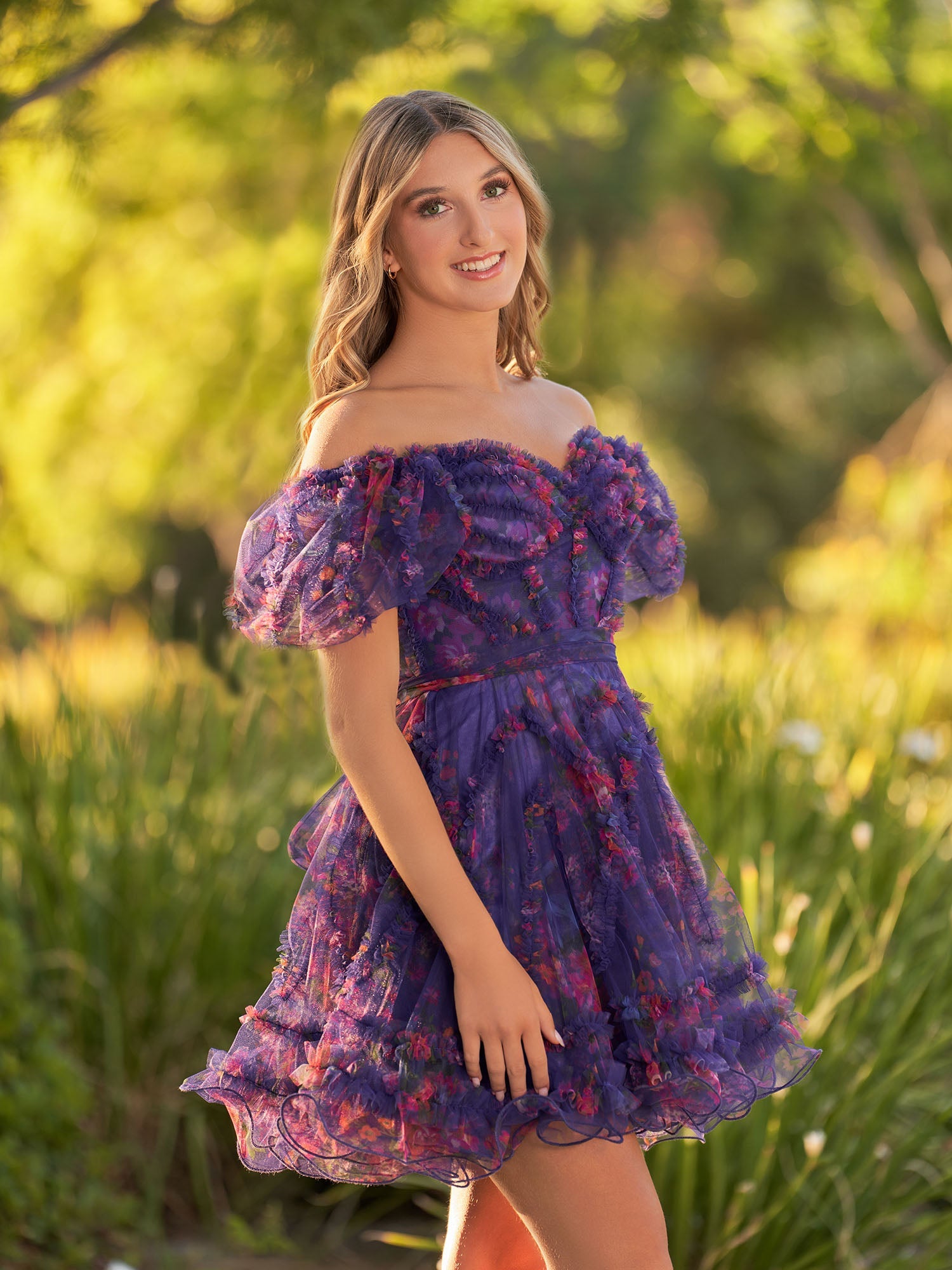 A Line Light Purple Off the Shoulder Printed Tulle Short Homecoming Dress