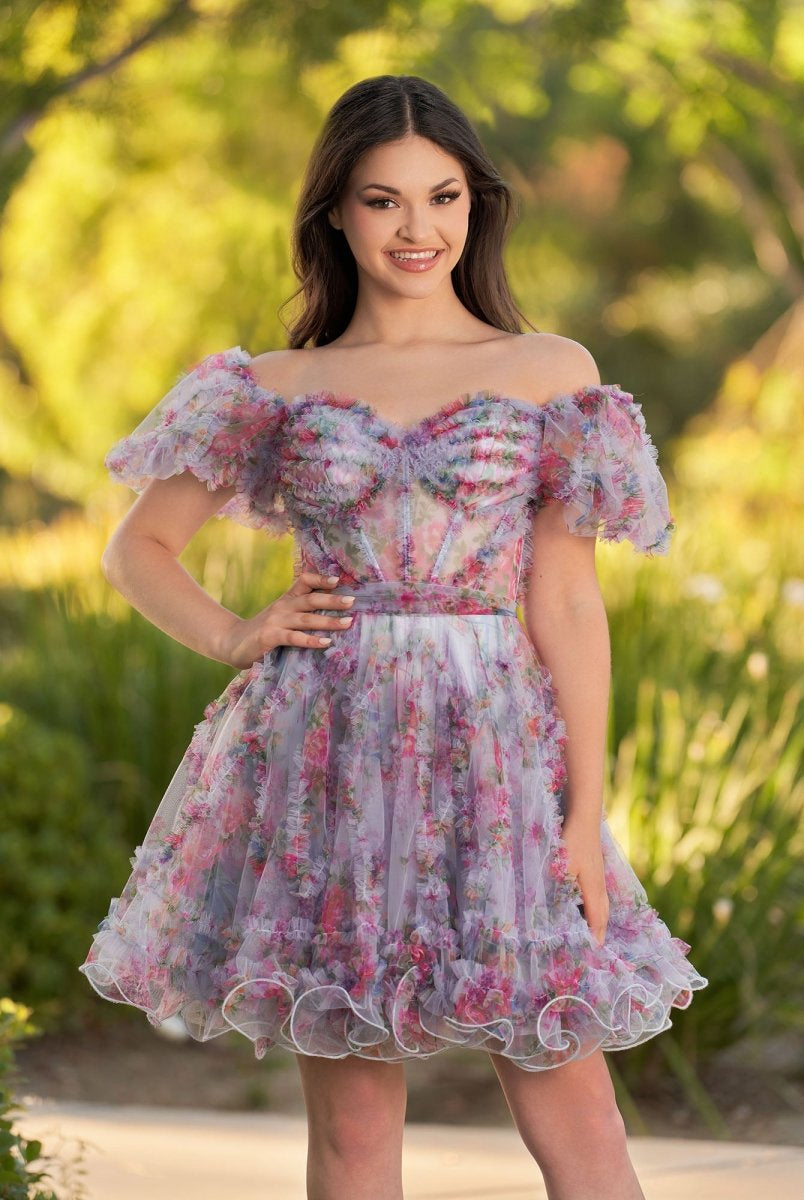 Ivana | A Line Off the Shoulder Printed Tulle Short Homecoming Dress - KissProm