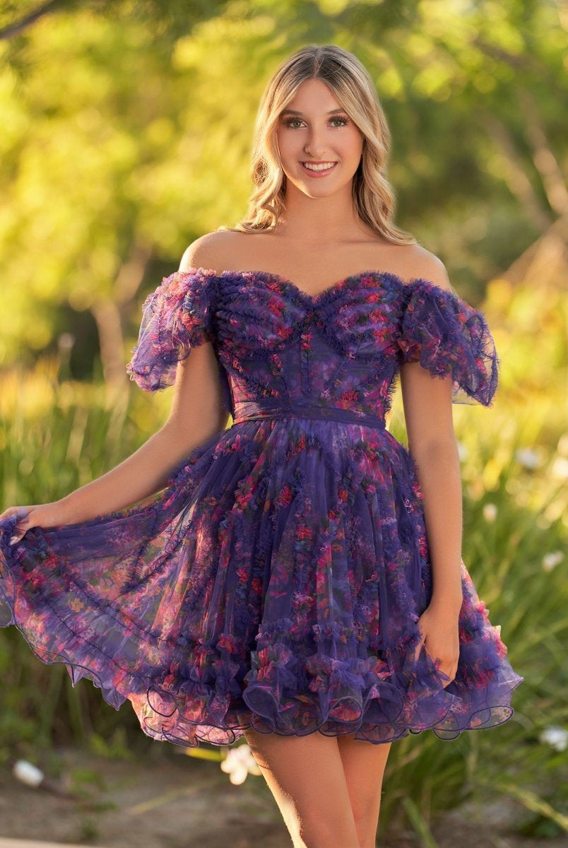 Ivana | A Line Off the Shoulder Printed Tulle Short Homecoming Dress - KissProm