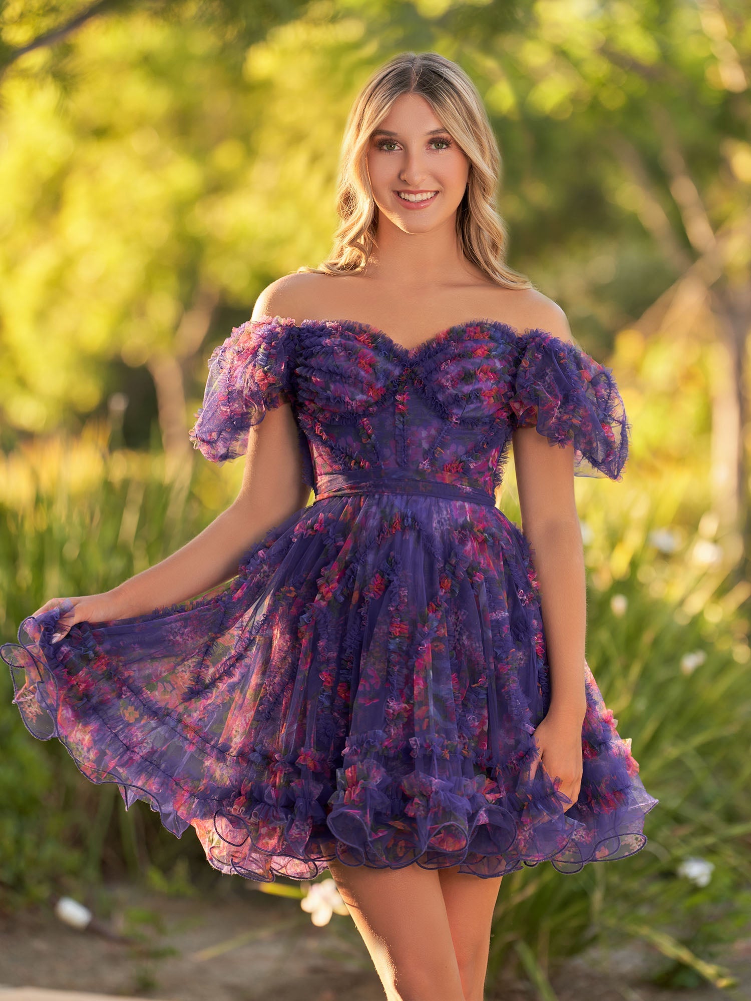 A Line Light Purple Off the Shoulder Printed Tulle Short Homecoming Dress