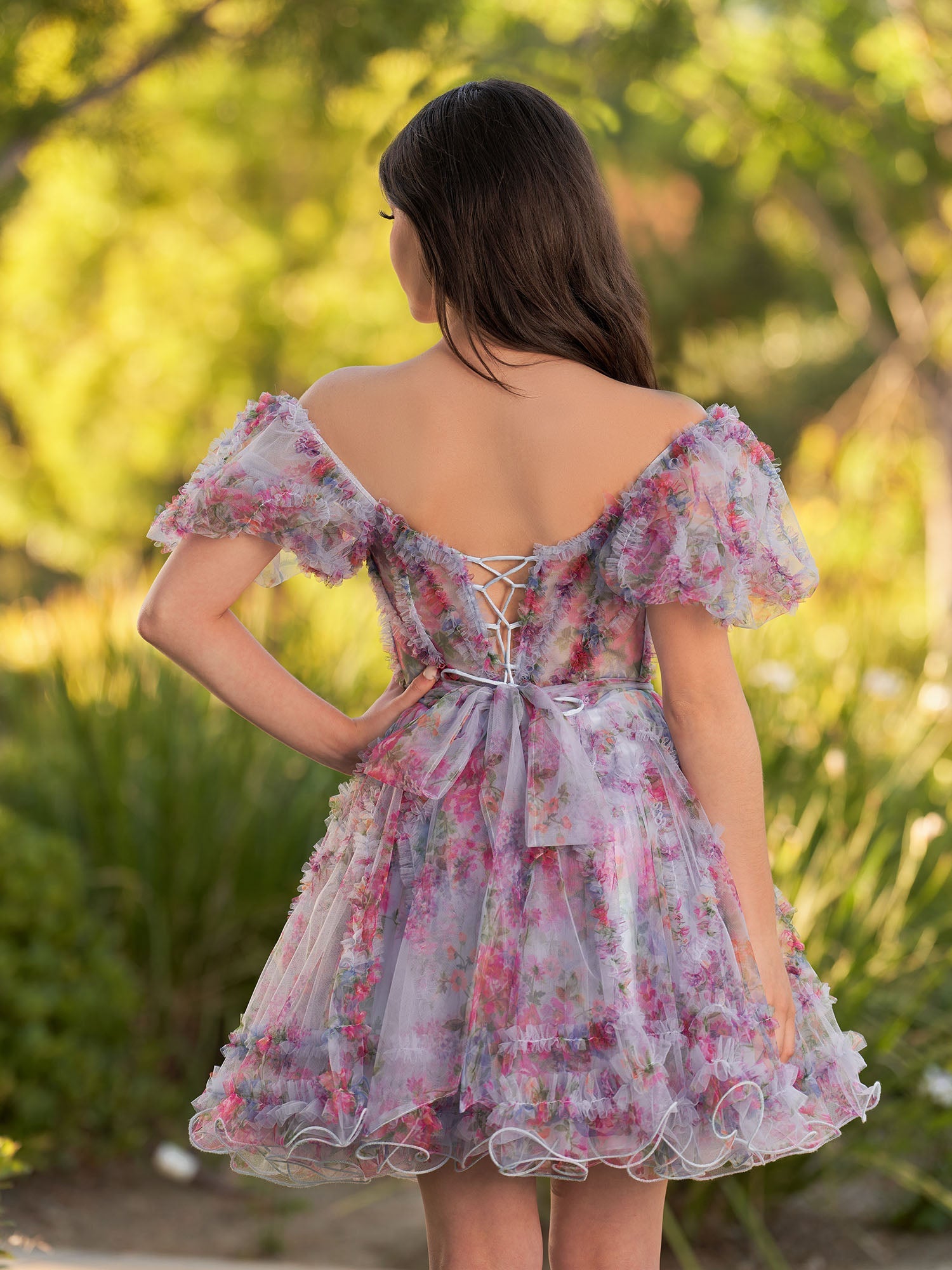 A Line Light Purple Off the Shoulder Printed Tulle Short Homecoming Dress