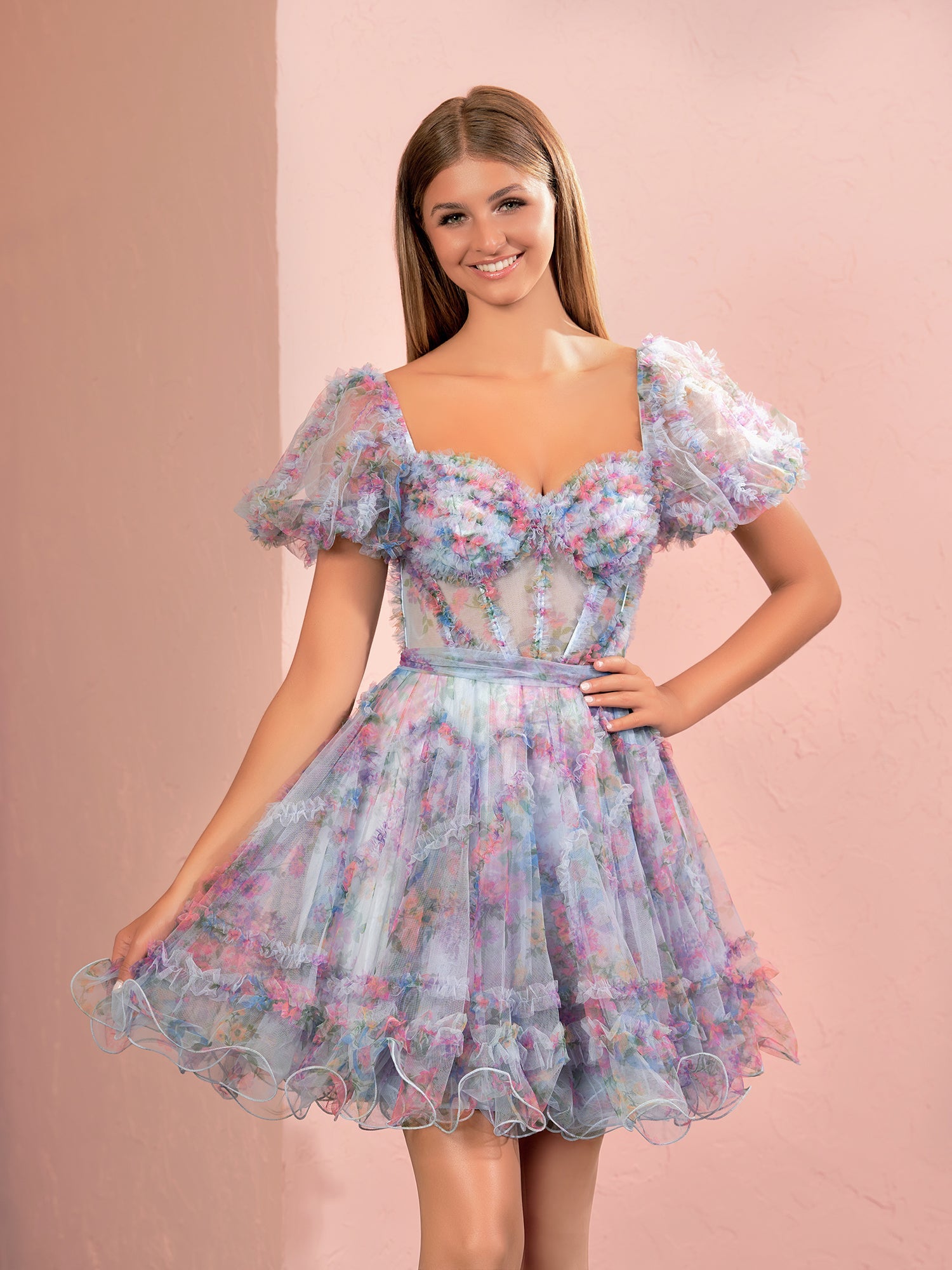 A Line Light Purple Off the Shoulder Printed Tulle Short Homecoming Dress