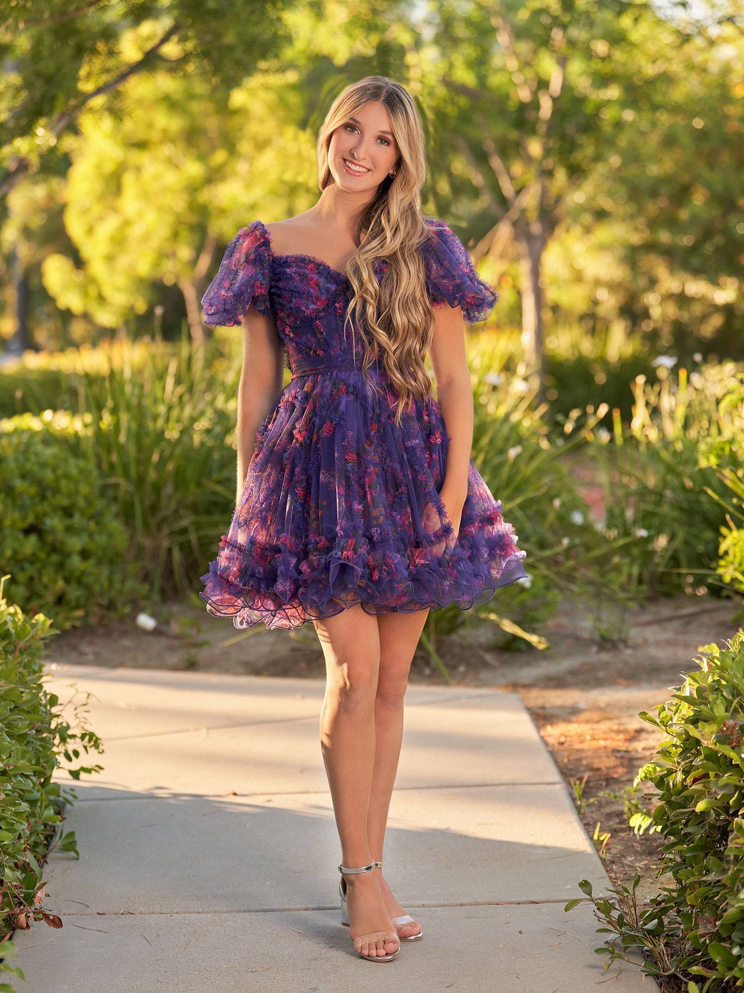 A Line Light Purple Off the Shoulder Printed Tulle Short Homecoming Dress