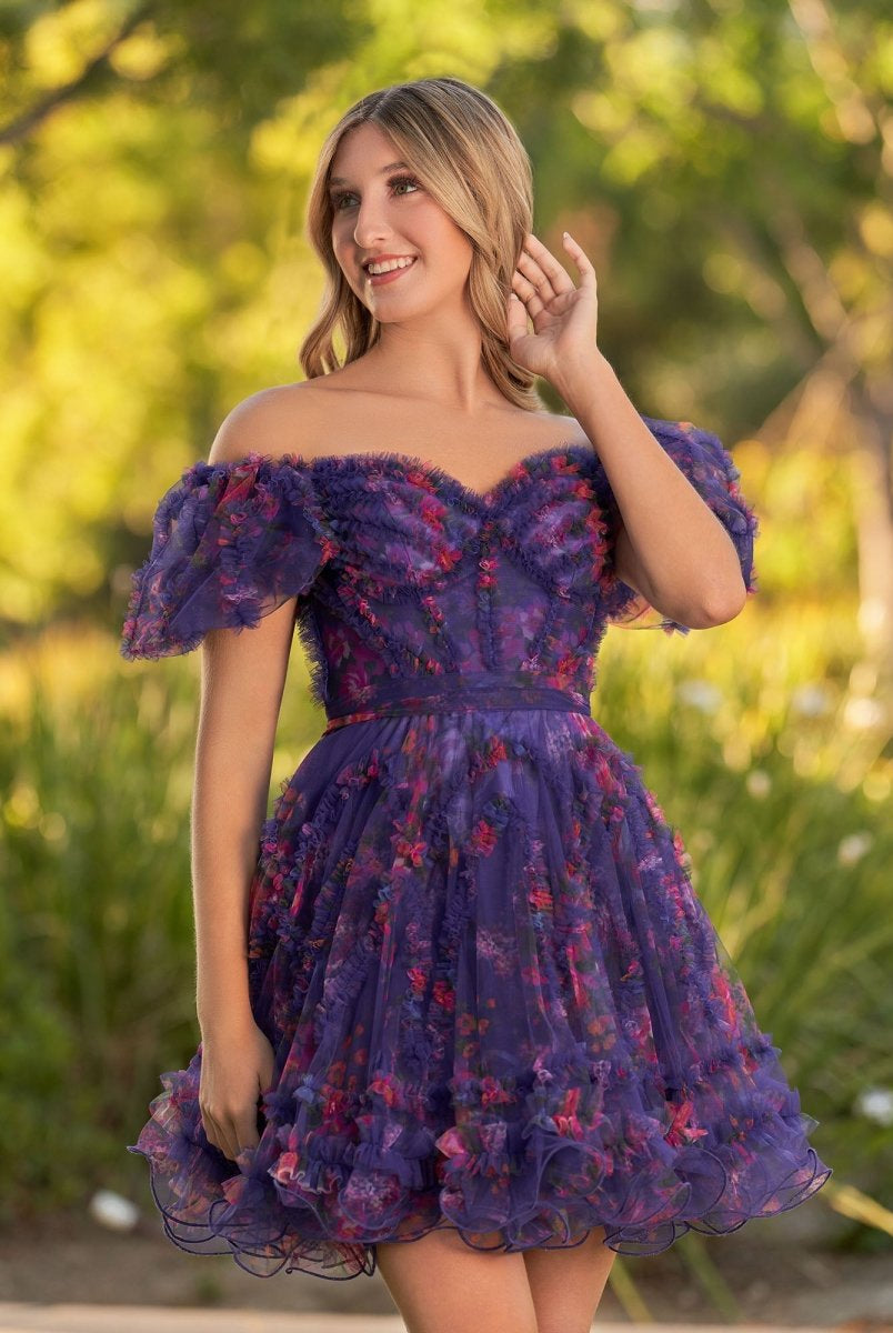 Ivana | A Line Off the Shoulder Printed Tulle Short Homecoming Dress - KissProm
