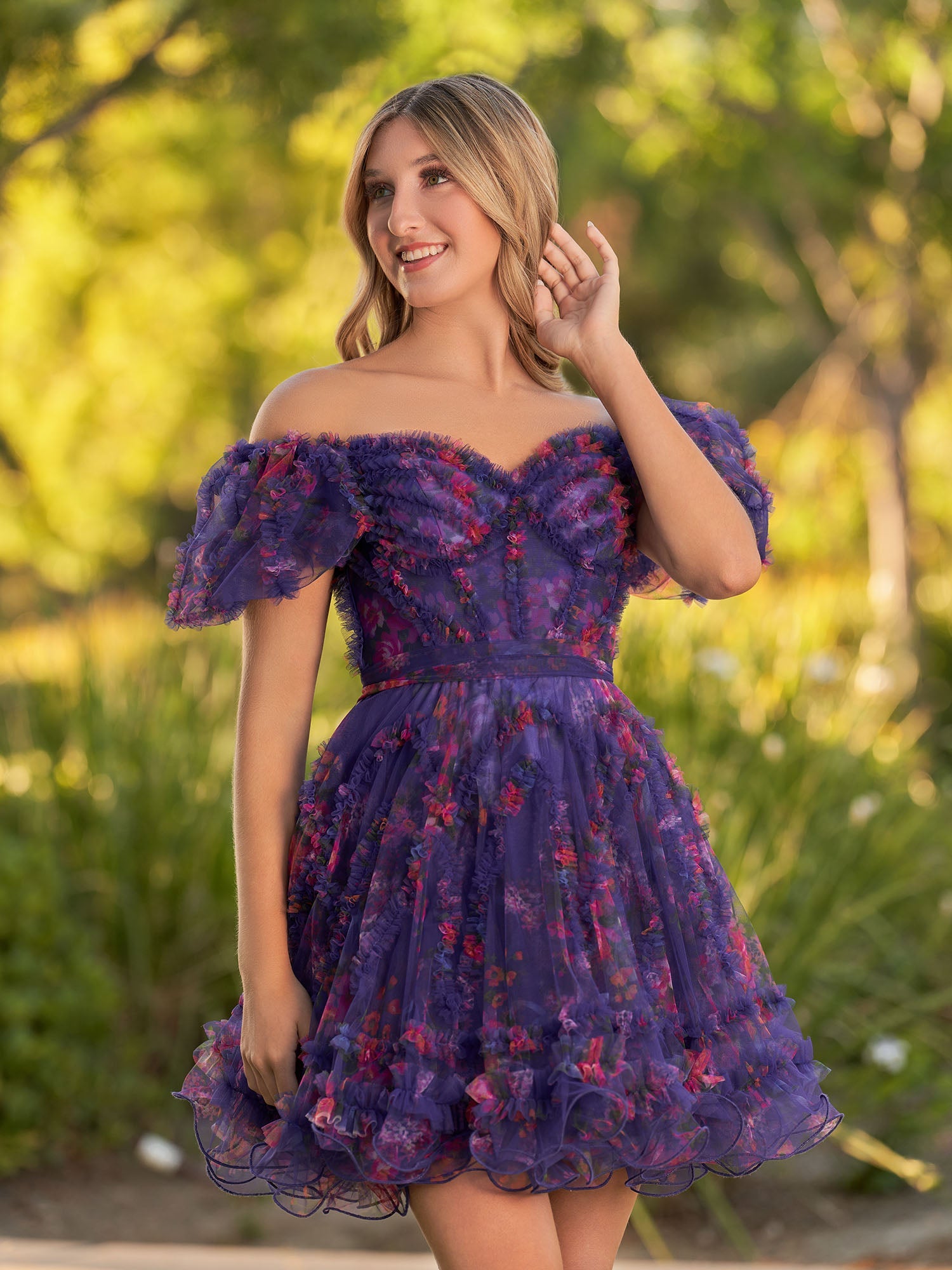 A Line Light Purple Off the Shoulder Printed Tulle Short Homecoming Dress