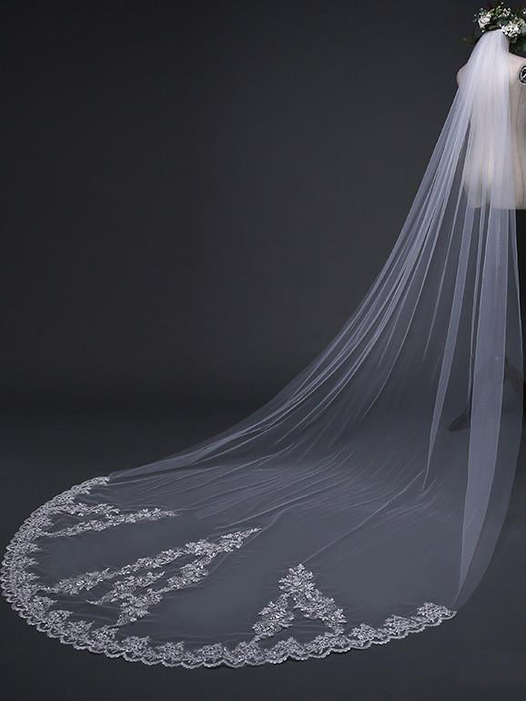 Ivory Cathedral Veils with Lace and Beaded Hemline