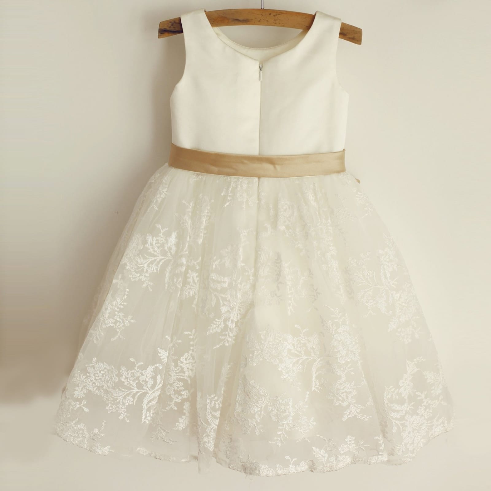 Champagne Belt, Lace Satin Flower Girl Dress